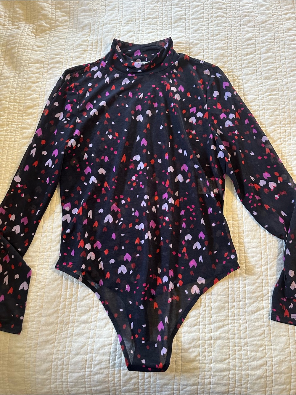 Bar III Black Mock Neck Long Sleeve Heart-Print Bodysuit large